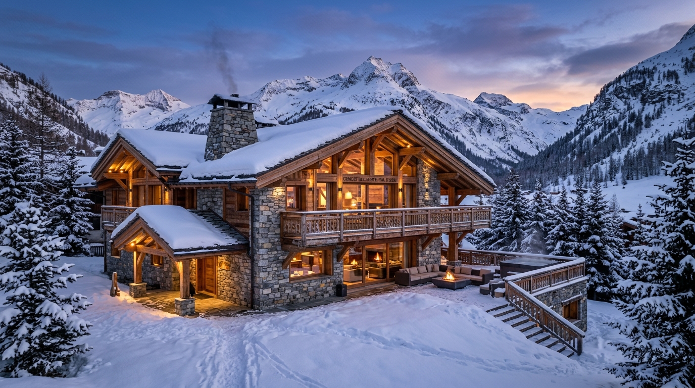 Luxury Ski Chalet Exterior & Alpine Peaks in Val d'Isère